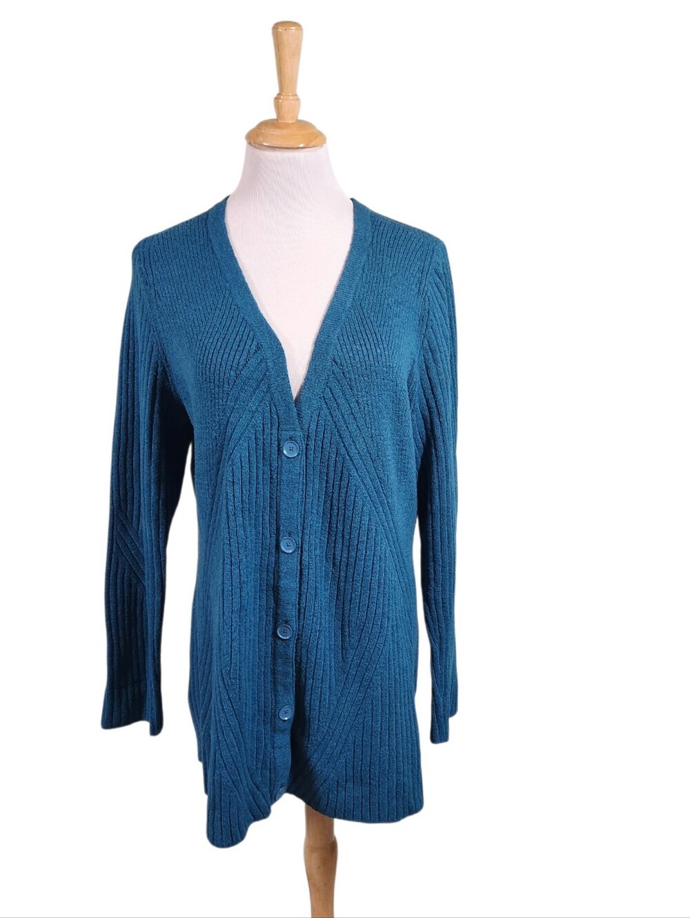 CAbi Teal Ribbed V-Neck Button Cardigan, Sz XL